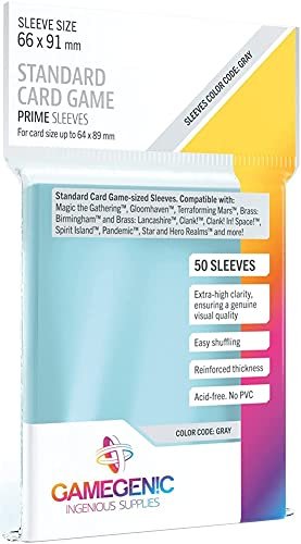 Gamegenic | Prime Sleeves | 50 protège-Cartes | Transparent | Aspect Brillant | Format Standard 66x91mm | Color Code : Gray | Jeu de société | Accessoire